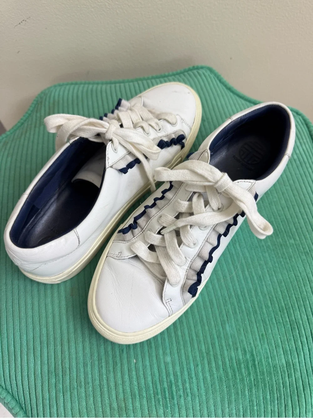 White Leather Sneakers with Navy Trim